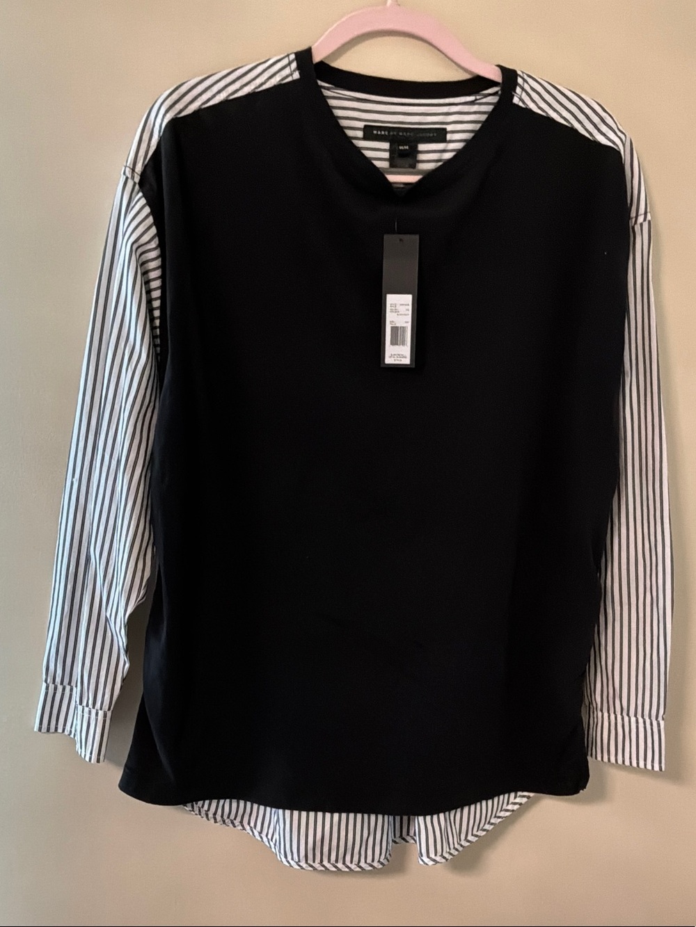 Marc By Marc Jacobs Black Top with White/Black Striped Sleeves